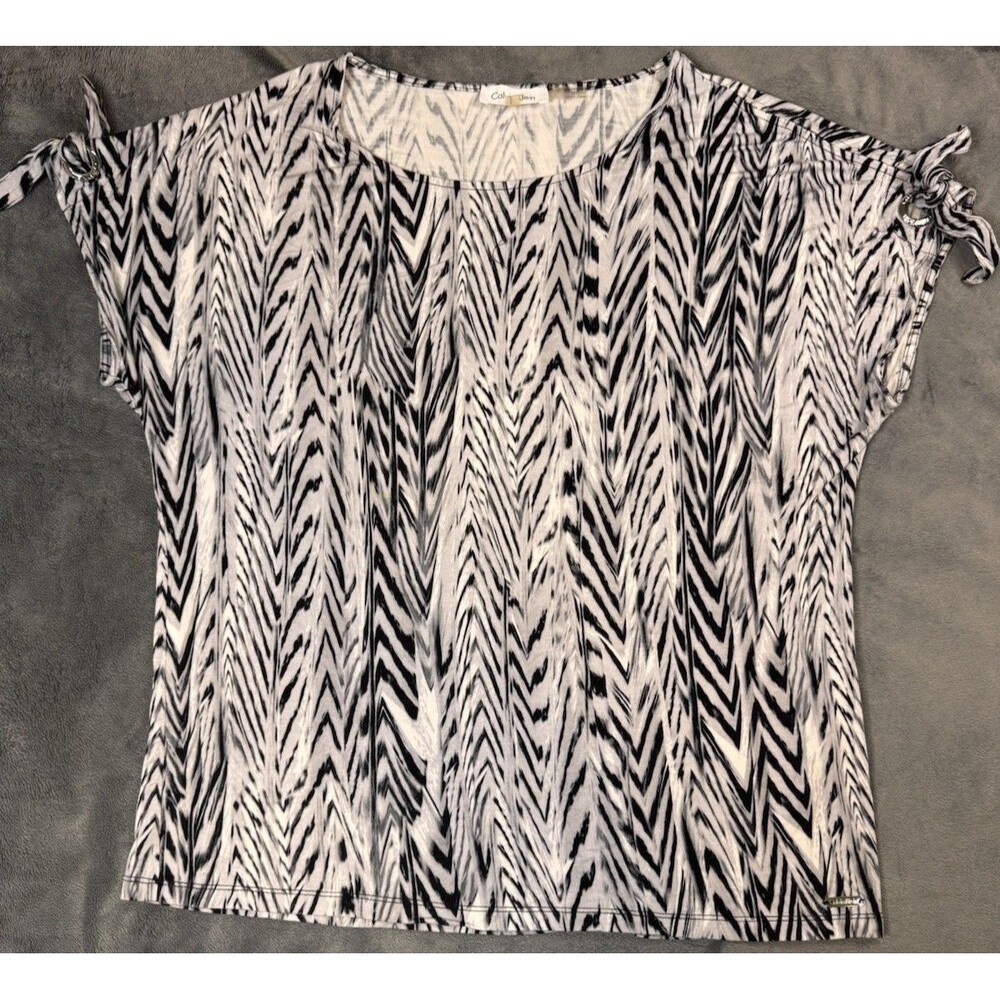 Calvin Klein Womens Scoop Neck Cold Shoulder Short Sleeve Animal Print Top Sz L